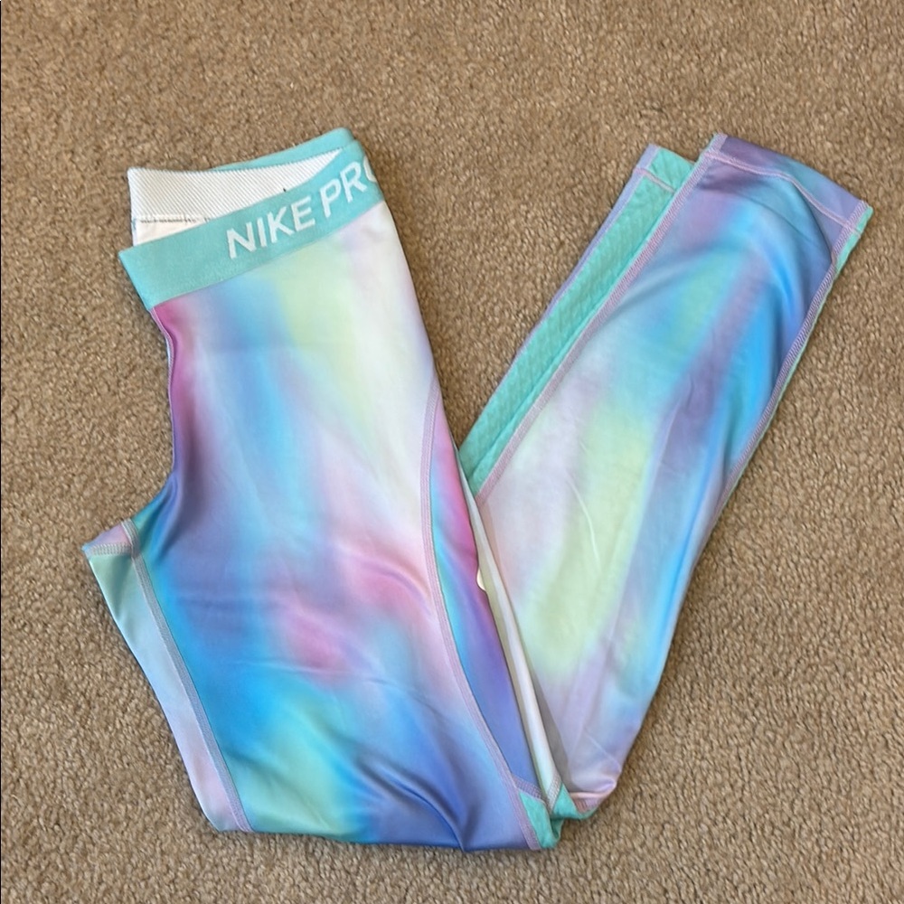 Nike PRO Girls Pastel Multicolor Pink Purple Green Blue Leggings - Size L